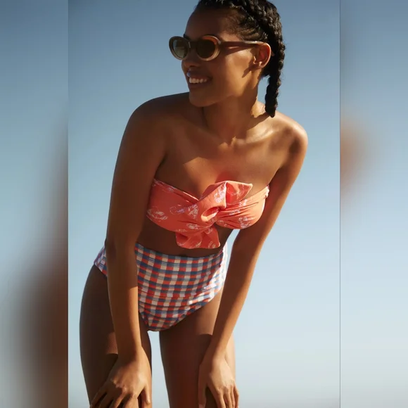 NEW Maeve Delaney Bow Bandeau Bikini Top Lobster L - Picture 3 of 7
